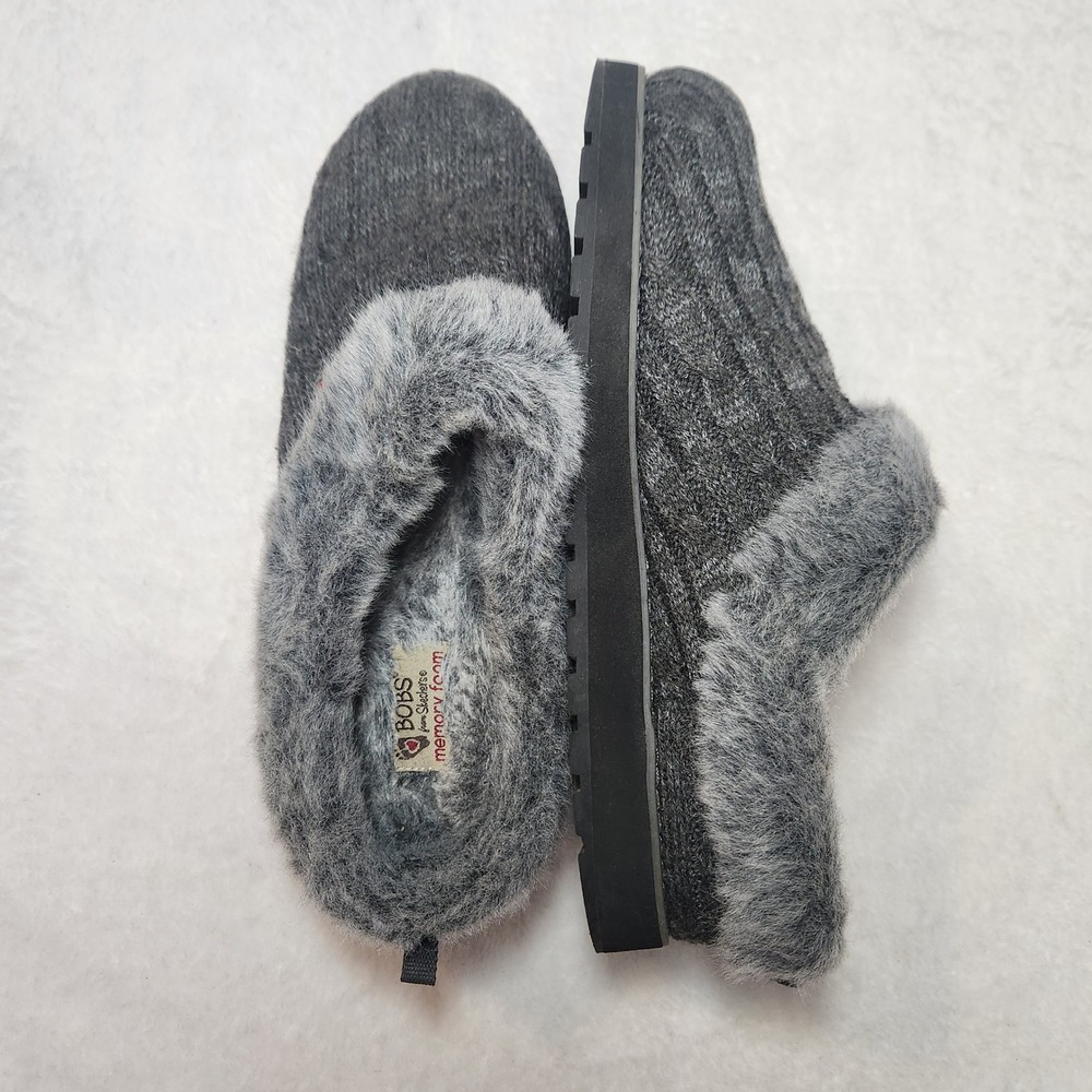 Skechers BOBS Keep It Cozy Charcoal Grey Cable Knit Faux Fur Slippers 9 Hygge